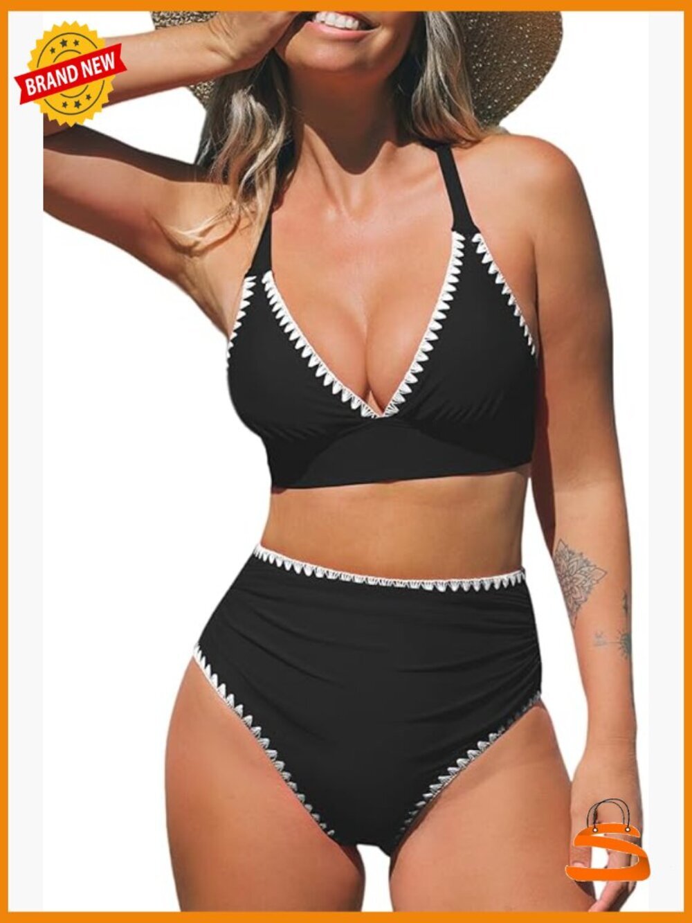 High Waisted Bikini Set Deep V Neck Crisscross Back Ruched Full Coverage